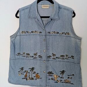 Donnkenny denim Blue sleeveless vest Top Safari jungle animal embroidery Sz XL